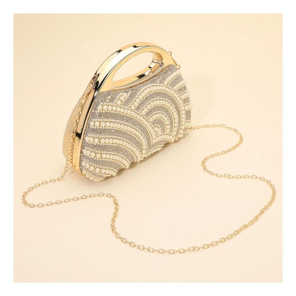 Tigerstars Gold Pearl Rhinestone Embellished Evening Clutch Crossbody Bag - Picture 2 of 3